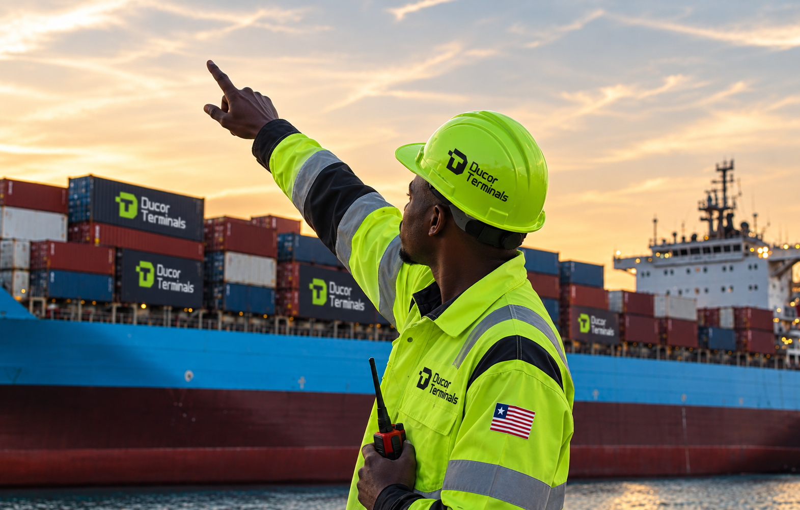 Ducor Terminals marine operator directing vessel operations with a cargo ship at sunset
